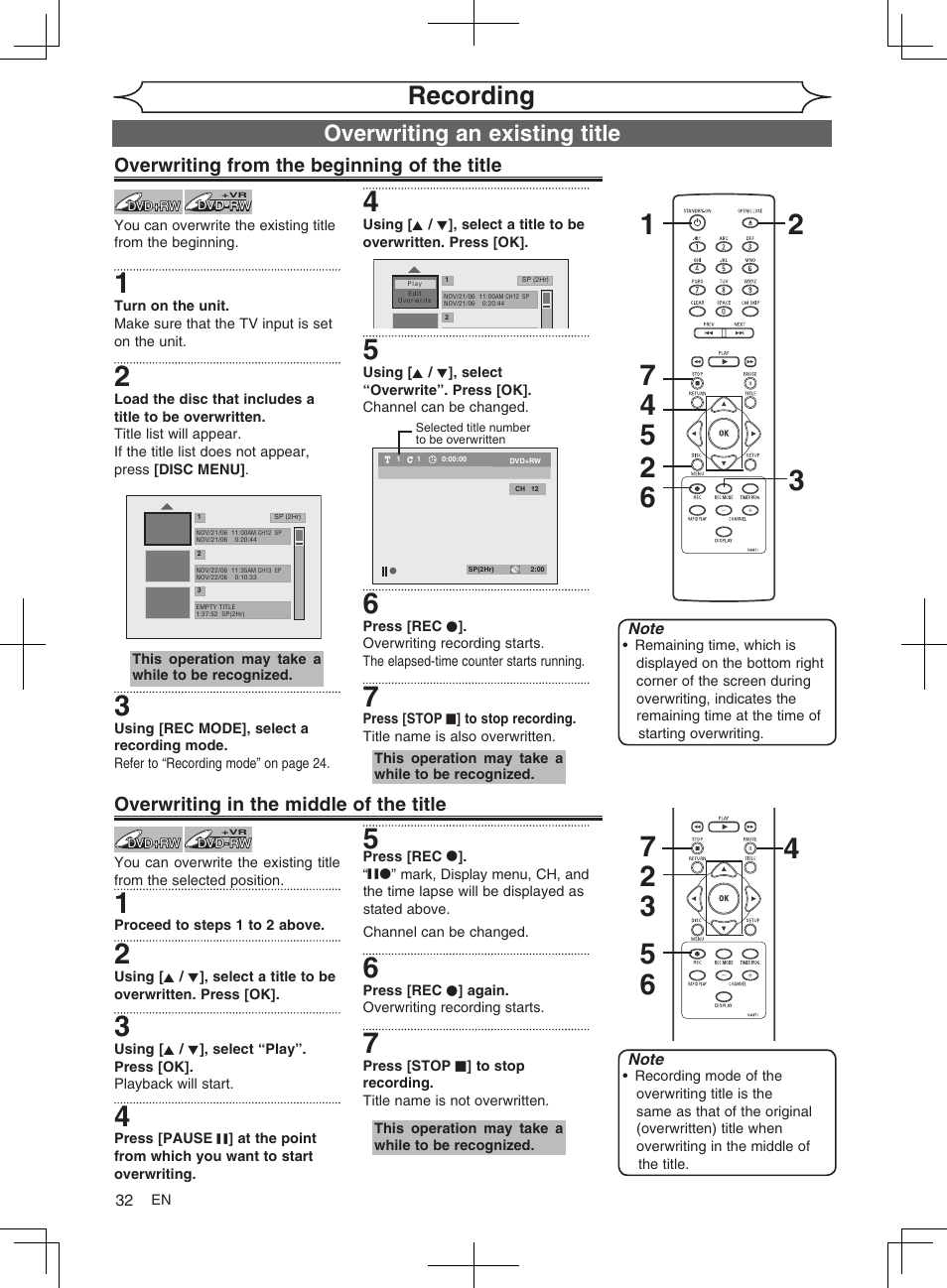 Recording, Overwriting an existing title | FUNAI MWR10D6 User Manual | Page 34 / 82