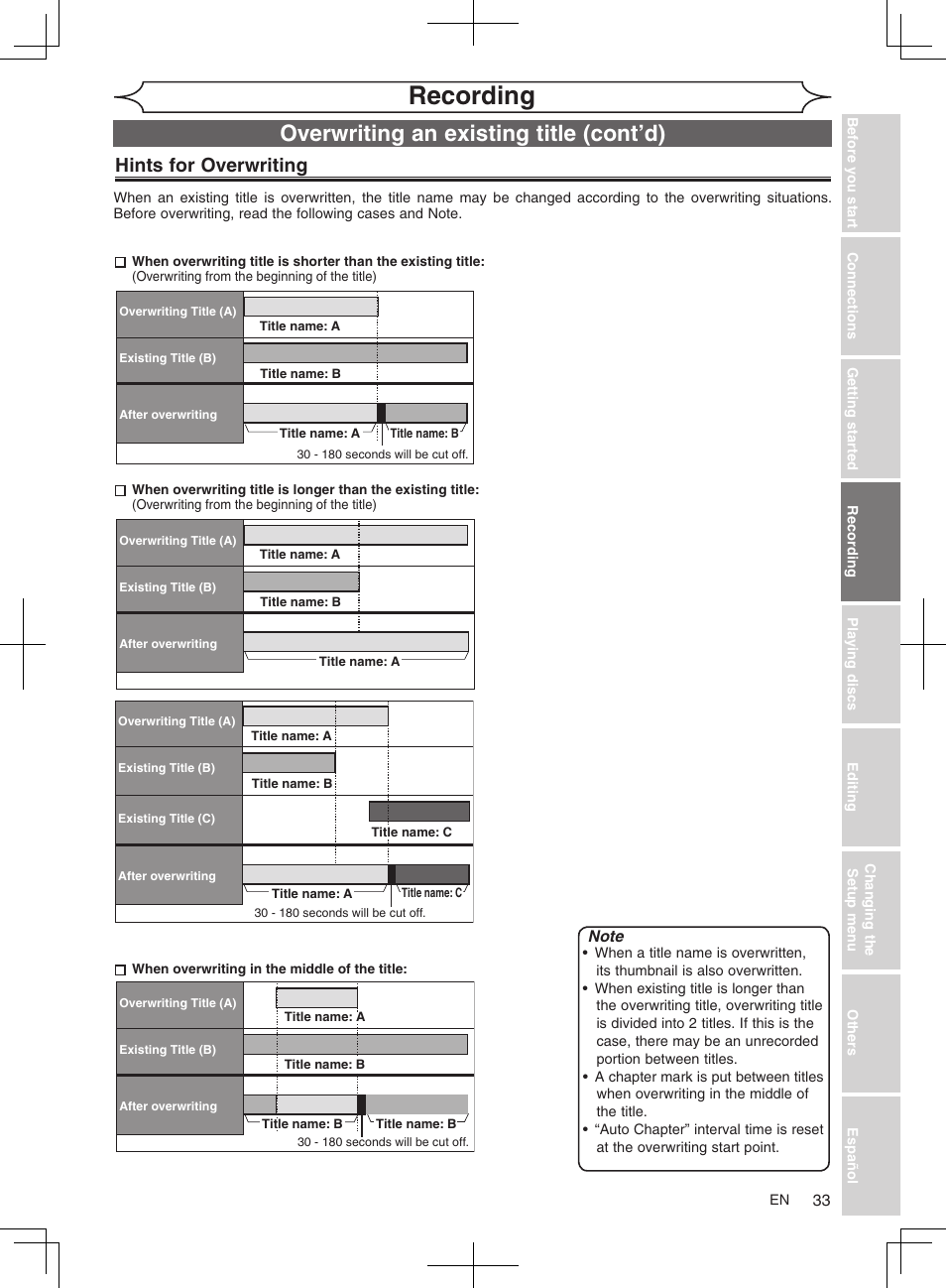 Recording, Overwriting an existing title (cont’d), Hints for overwriting | FUNAI MWR10D6 User Manual | Page 35 / 82