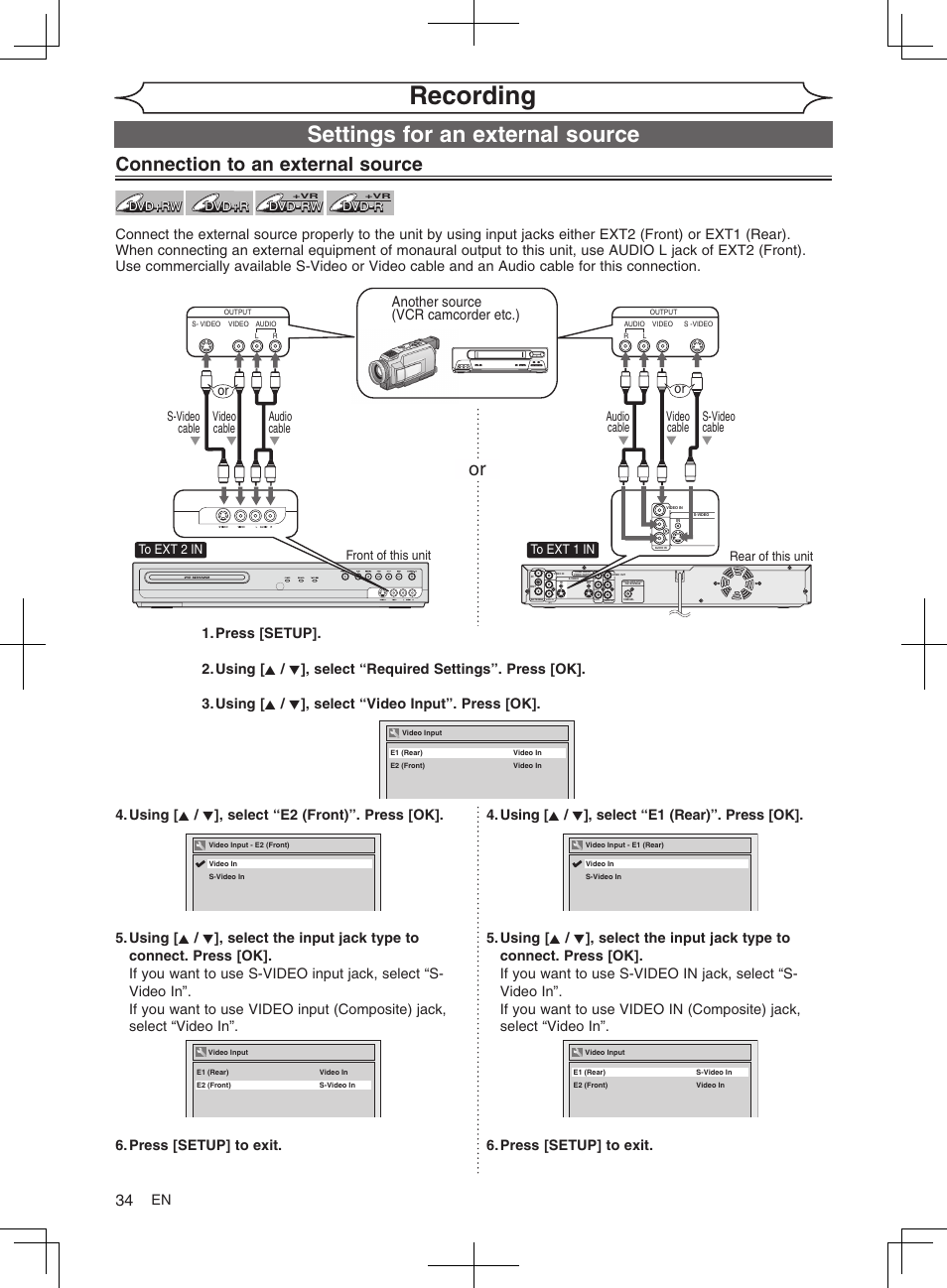 Recording, Settings for an external source, Connection to an external source | Audio in, Lr audio out, Another source (vcr camcorder etc.) | FUNAI MWR10D6 User Manual | Page 36 / 82