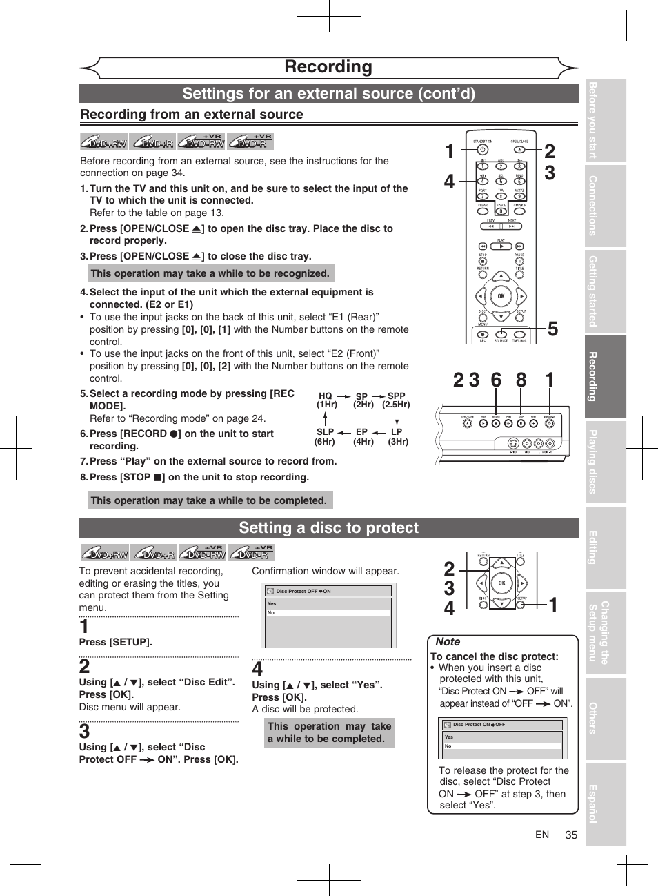 Recording, Setting a disc to protect, Settings for an external source (cont’d) | Recording from an external source | FUNAI MWR10D6 User Manual | Page 37 / 82