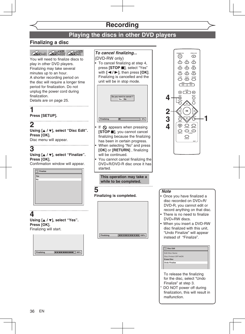 Recording, Playing the discs in other dvd players, Finalizing a disc | FUNAI MWR10D6 User Manual | Page 38 / 82