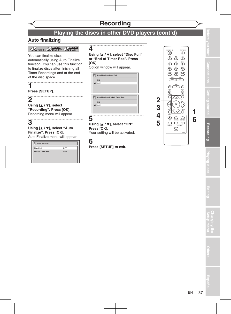 Recording, Playing the discs in other dvd players (cont’d) | FUNAI MWR10D6 User Manual | Page 39 / 82