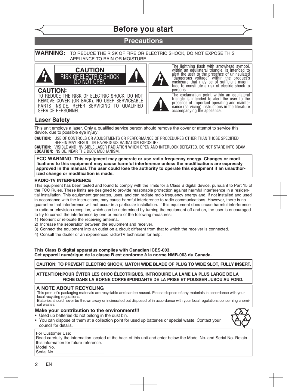 Before you start, Precautions, Caution | Caution risk of electric shock do not open, Laser safety, Warning | FUNAI MWR10D6 User Manual | Page 4 / 82