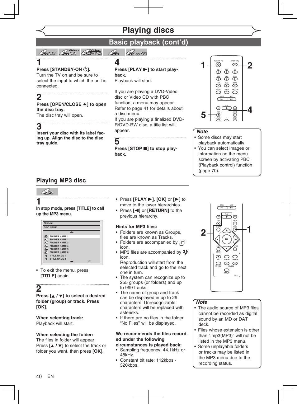 Playing discs, Basic playback (cont’d), Playing mp3 disc | FUNAI MWR10D6 User Manual | Page 42 / 82