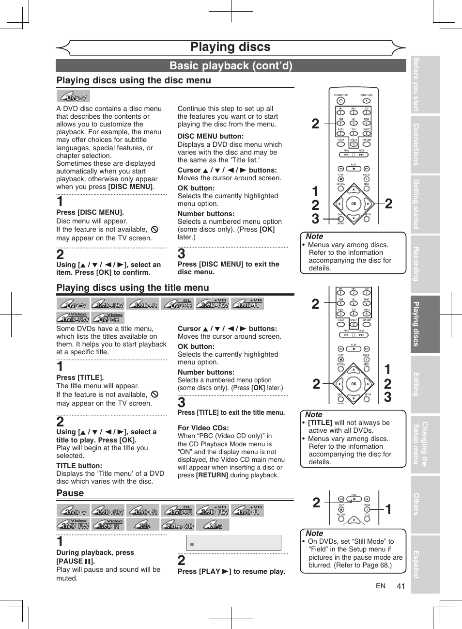 Playing discs, Basic playback (cont’d), Playing discs using the disc menu | Playing discs using the title menu, Pause | FUNAI MWR10D6 User Manual | Page 43 / 82