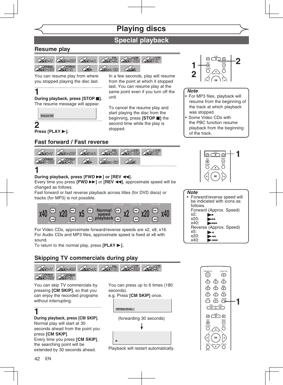 Playing discs, Special playback, Resume play | Fast forward / fast reverse, Skipping tv commercials during play | FUNAI MWR10D6 User Manual | Page 44 / 82
