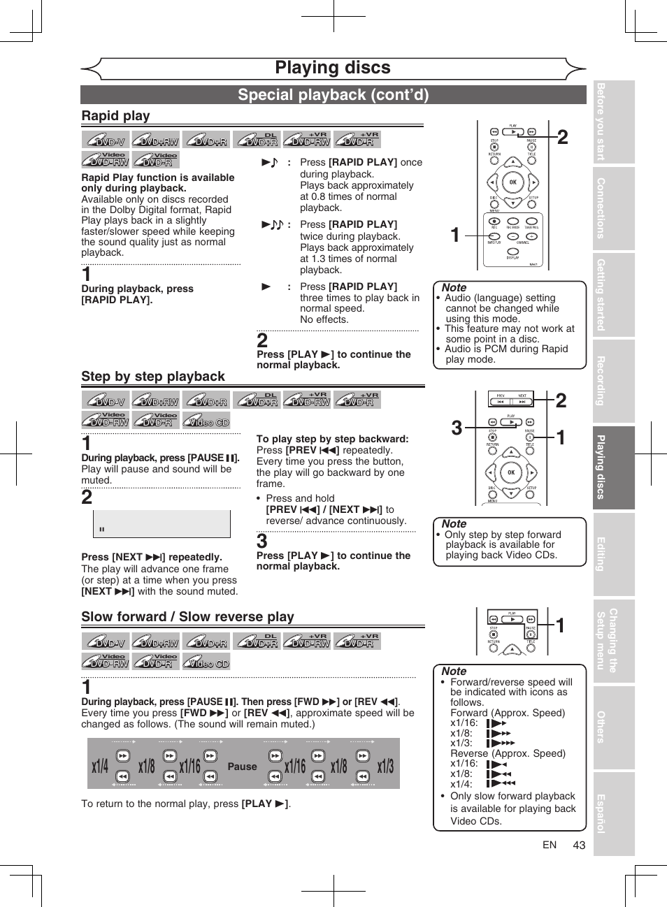X1/8, Playing discs, Special playback (cont’d) | Slow forward / slow reverse play, Rapid play, Step by step playback | FUNAI MWR10D6 User Manual | Page 45 / 82