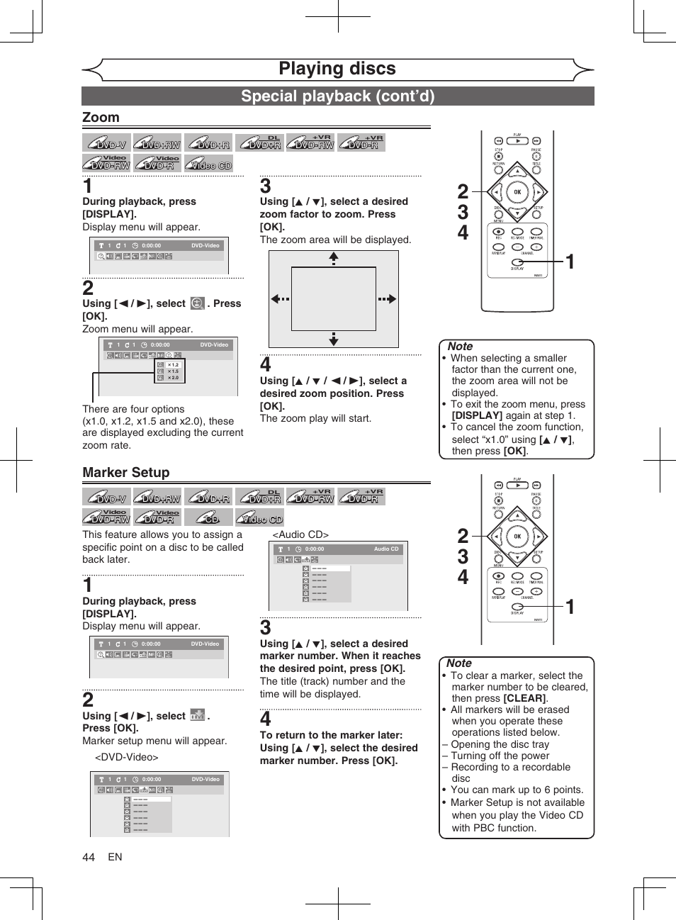 Playing discs, Special playback (cont’d), Zoom | Marker setup | FUNAI MWR10D6 User Manual | Page 46 / 82