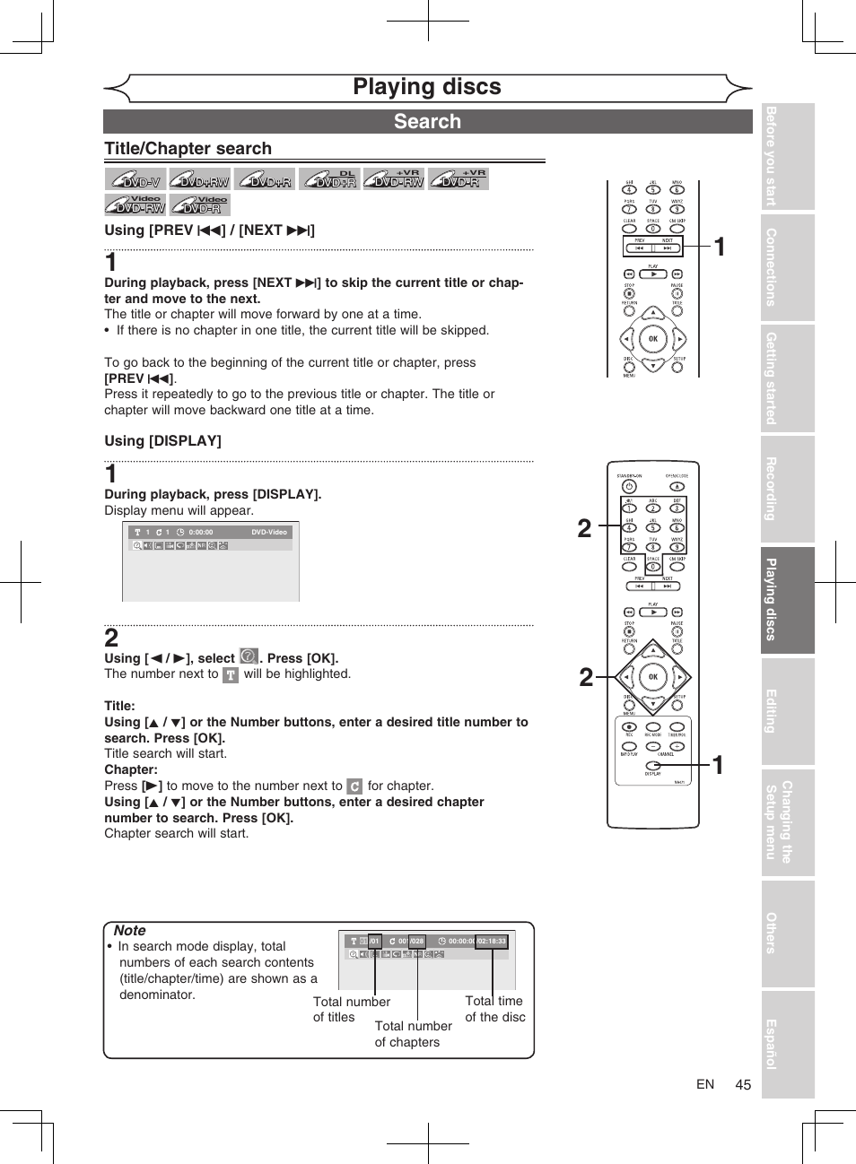 Playing discs, Search, Title/chapter search | FUNAI MWR10D6 User Manual | Page 47 / 82