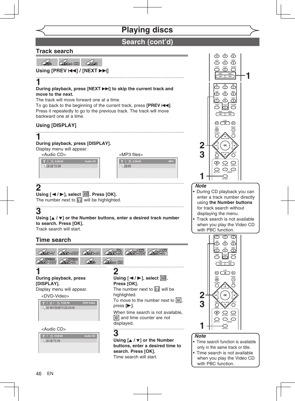 Playing discs, Search (cont’d), Track search | Time search | FUNAI MWR10D6 User Manual | Page 48 / 82