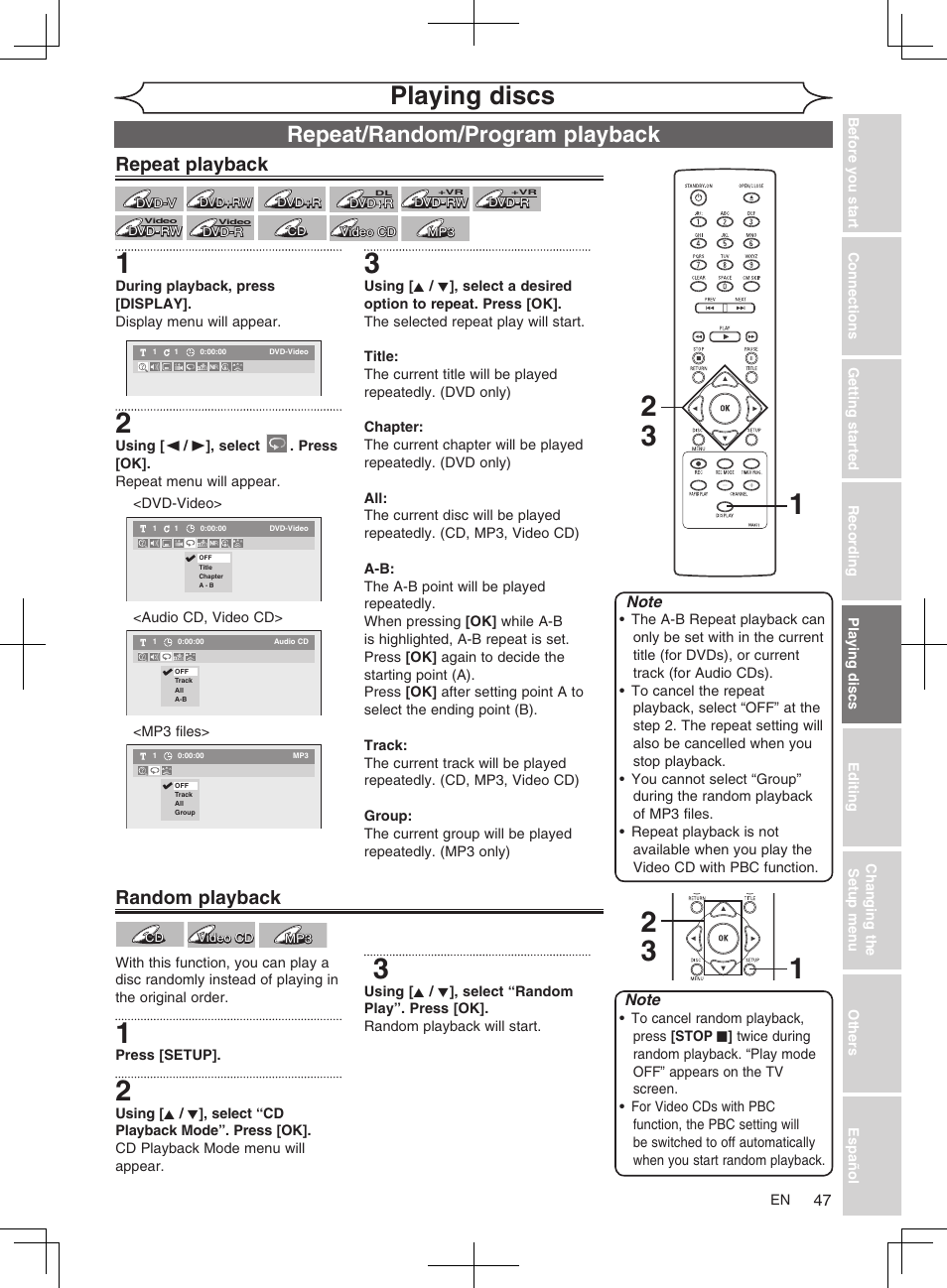 Playing discs, Repeat/random/program playback, Repeat playback | Random playback | FUNAI MWR10D6 User Manual | Page 49 / 82