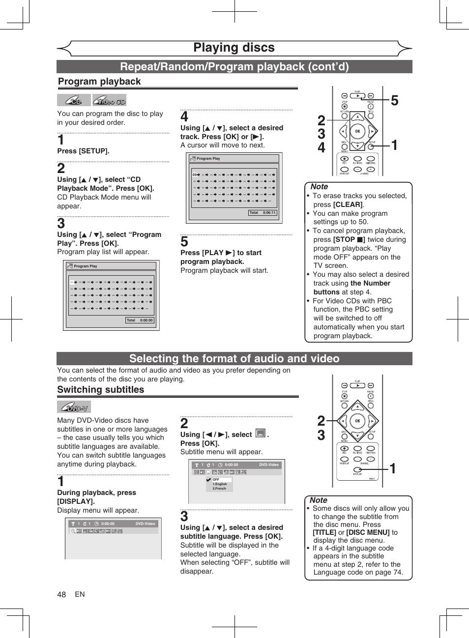 Playing discs, Selecting the format of audio and video, Repeat/random/program playback (cont’d) | Program playback, Switching subtitles | FUNAI MWR10D6 User Manual | Page 50 / 82