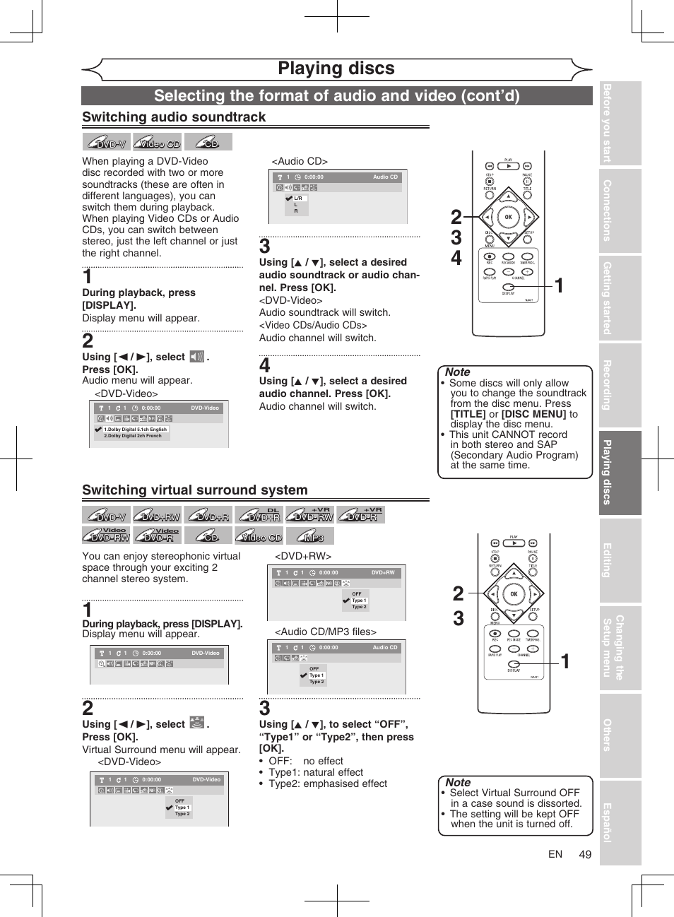 Playing discs, Selecting the format of audio and video (cont’d), Switching audio soundtrack | Switching virtual surround system | FUNAI MWR10D6 User Manual | Page 51 / 82