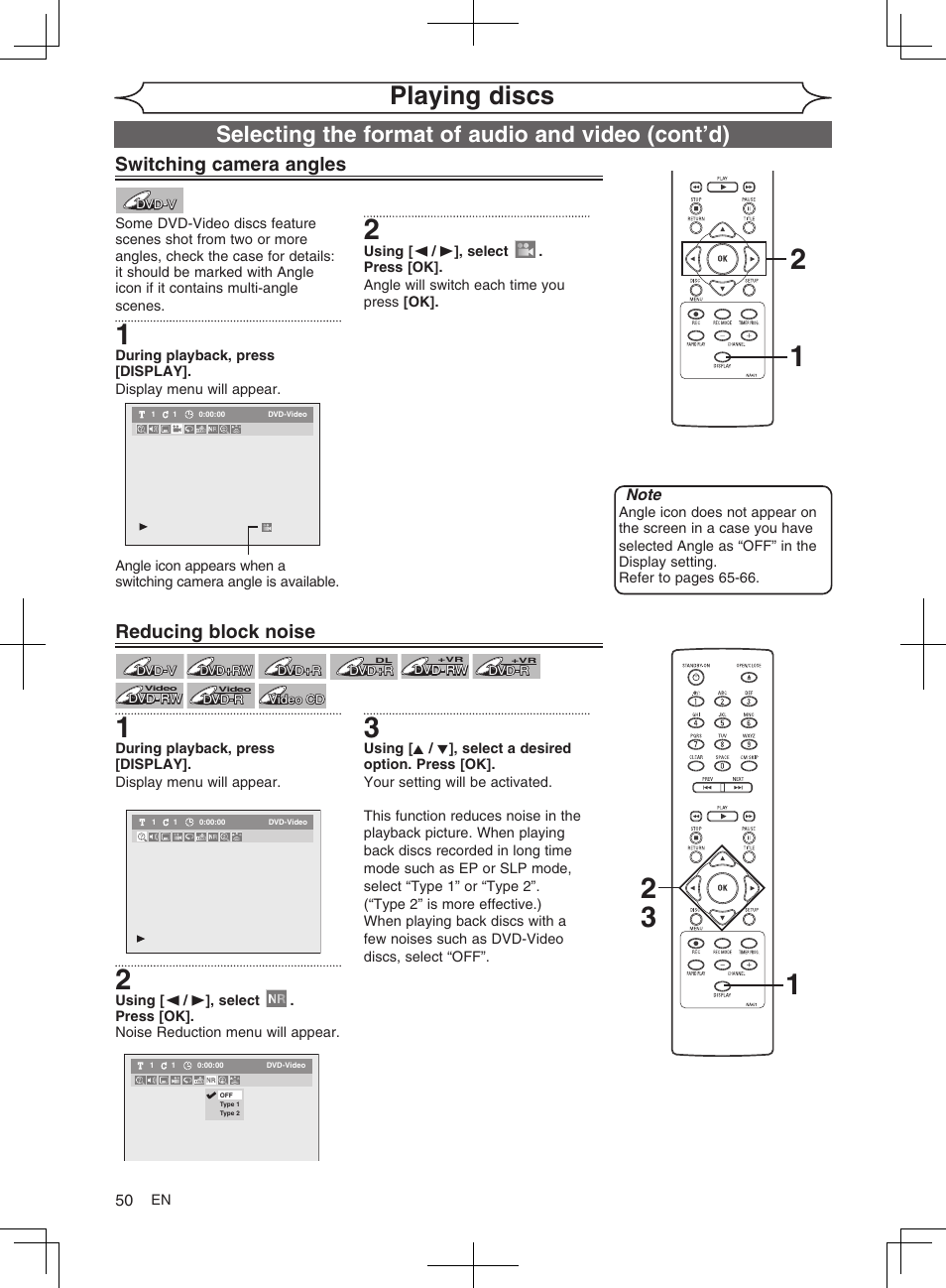 Playing discs, Selecting the format of audio and video (cont’d), Switching camera angles | Reducing block noise | FUNAI MWR10D6 User Manual | Page 52 / 82
