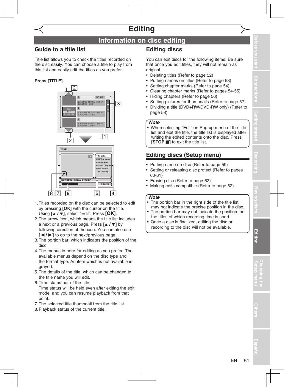 Editing, Information on disc editing, Guide to a title list | Editing discs, Editing discs (setup menu) | FUNAI MWR10D6 User Manual | Page 53 / 82