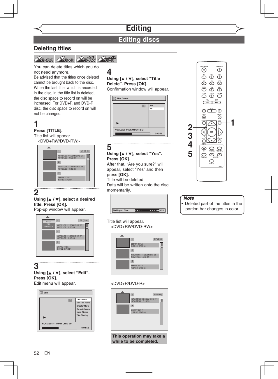 Editing, Editing discs, Deleting titles | FUNAI MWR10D6 User Manual | Page 54 / 82