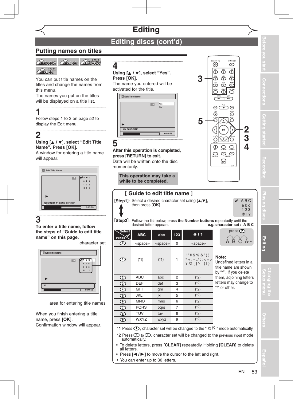 Editing, Editing discs (cont’d), Putting names on titles | Guide to edit title name | FUNAI MWR10D6 User Manual | Page 55 / 82