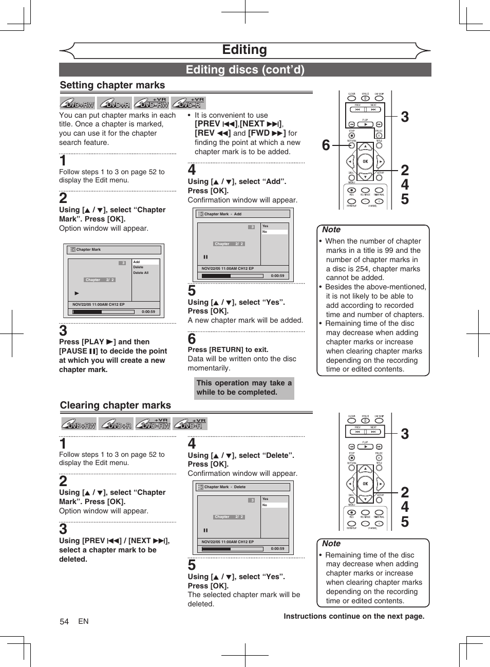 Editing, Editing discs (cont’d), Setting chapter marks | Clearing chapter marks | FUNAI MWR10D6 User Manual | Page 56 / 82