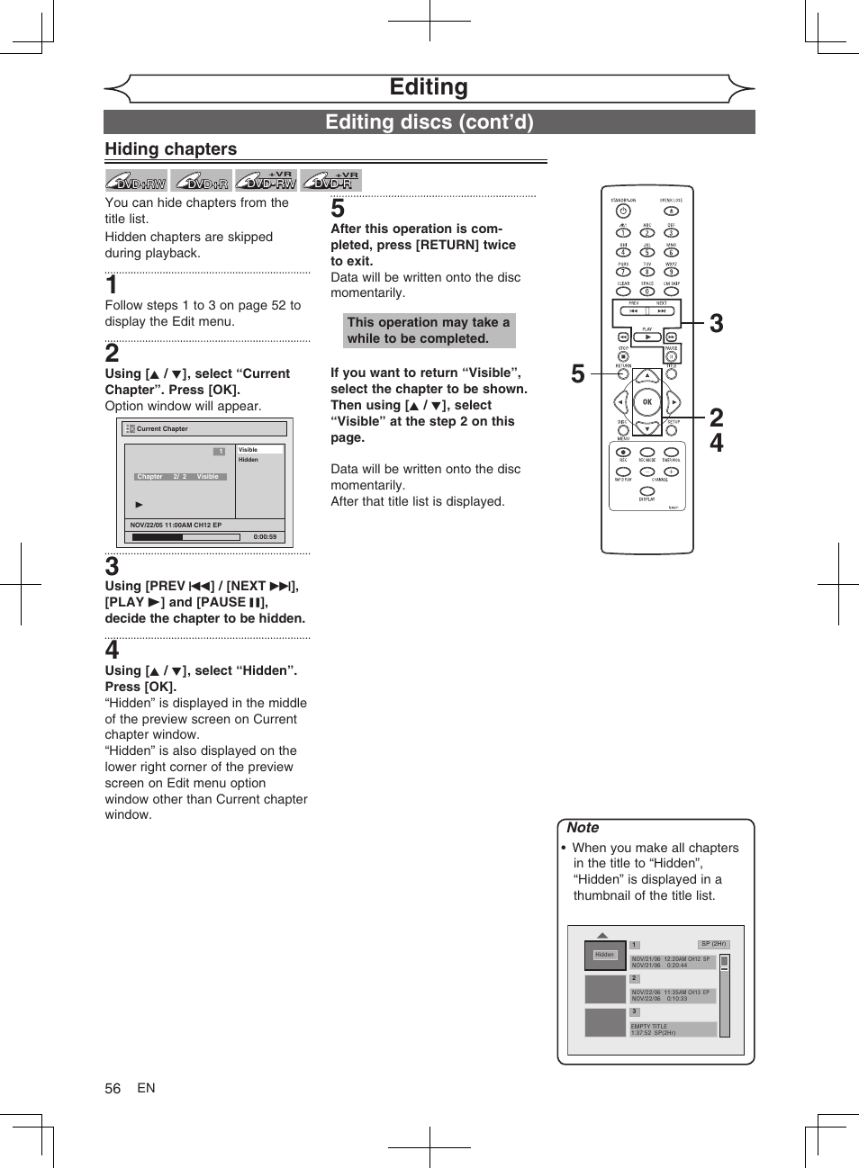 Editing, Editing discs (cont’d), Hiding chapters | FUNAI MWR10D6 User Manual | Page 58 / 82