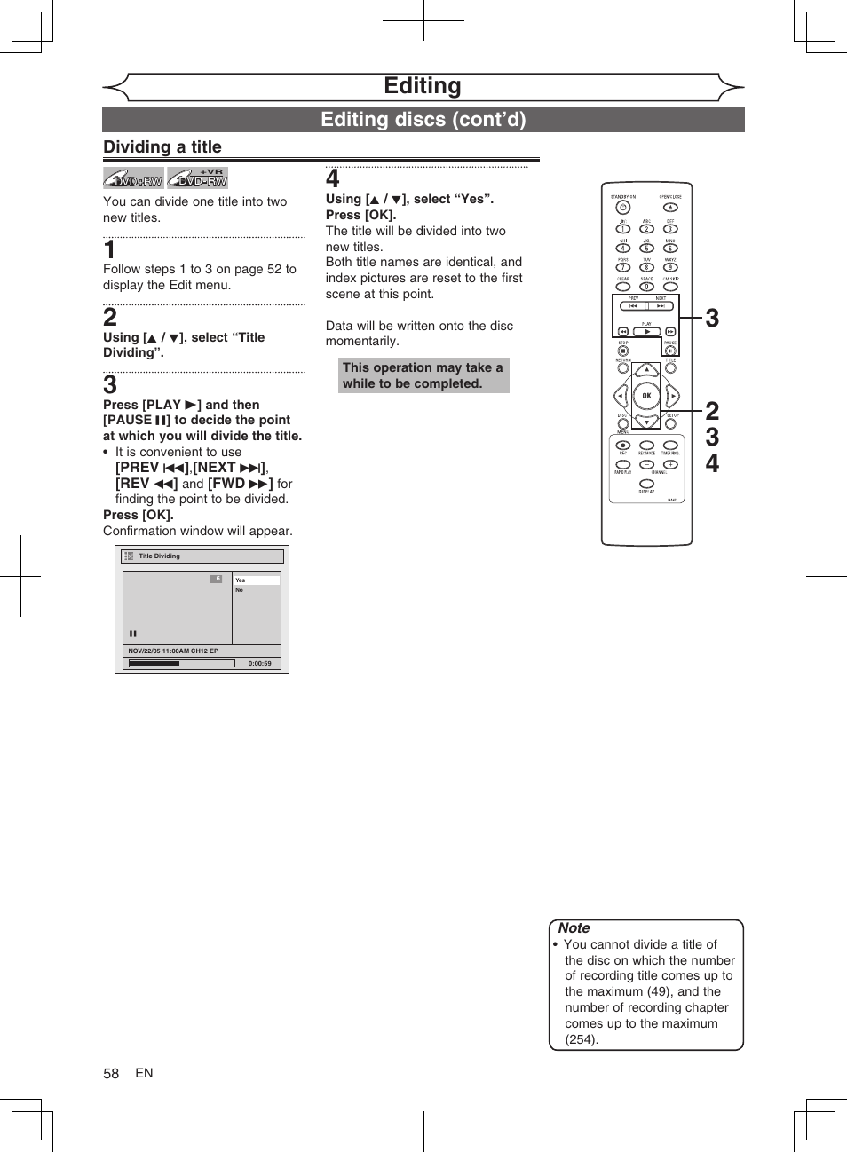 Editing, Editing discs (cont’d) | FUNAI MWR10D6 User Manual | Page 60 / 82