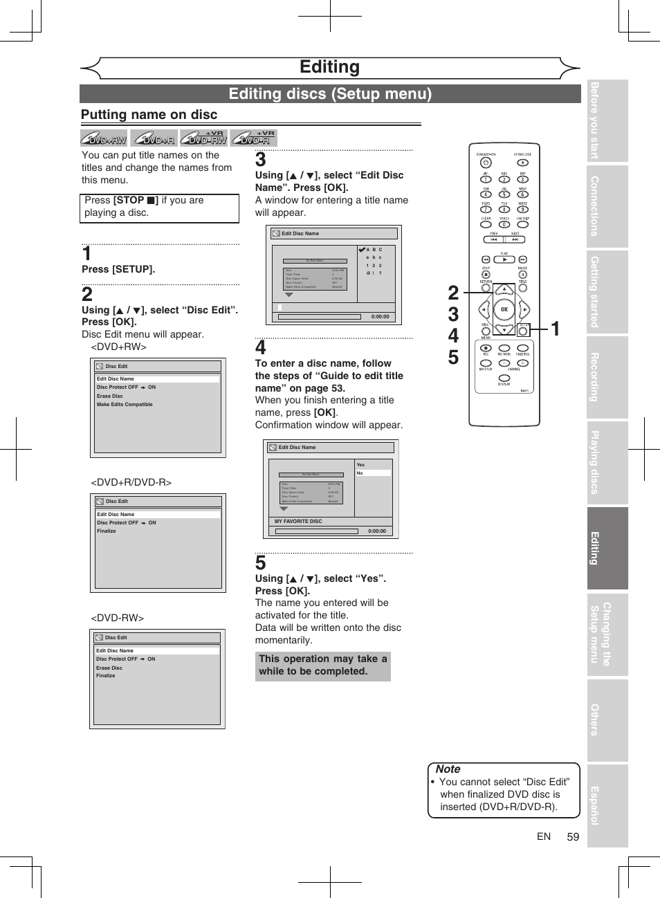 Editing, Editing discs (setup menu), Putting name on disc | FUNAI MWR10D6 User Manual | Page 61 / 82