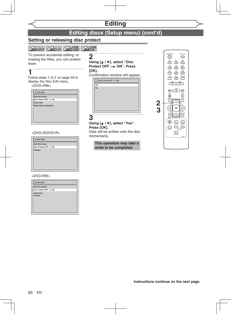 Editing, Editing discs (setup menu) (cont’d), Setting or releasing disc protect | FUNAI MWR10D6 User Manual | Page 62 / 82