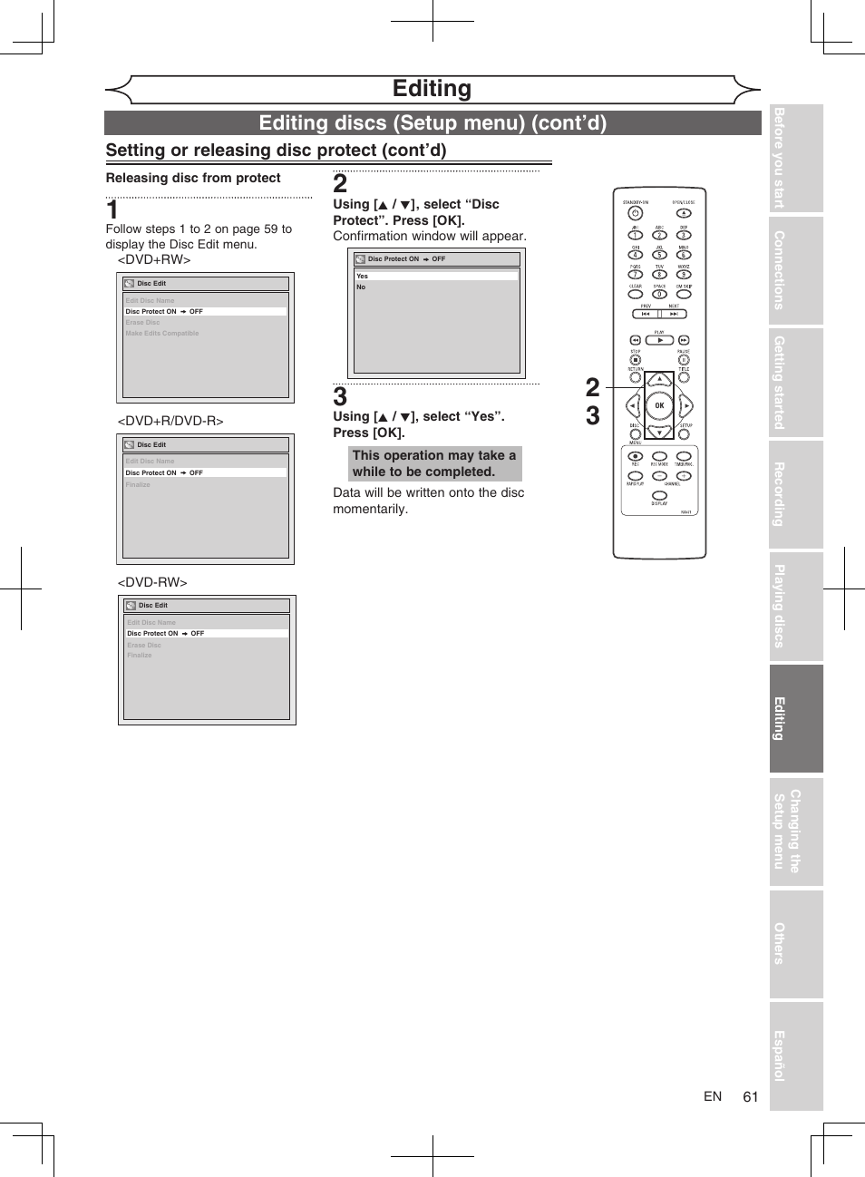 Editing, Editing discs (setup menu) (cont’d), Setting or releasing disc protect (cont’d) | FUNAI MWR10D6 User Manual | Page 63 / 82