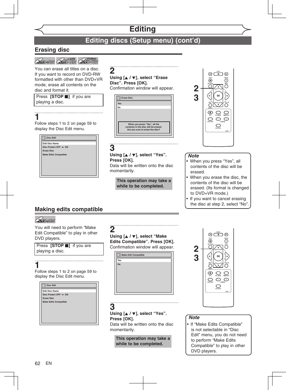 Editing, Editing discs (setup menu) (cont’d), Erasing disc | Making edits compatible | FUNAI MWR10D6 User Manual | Page 64 / 82