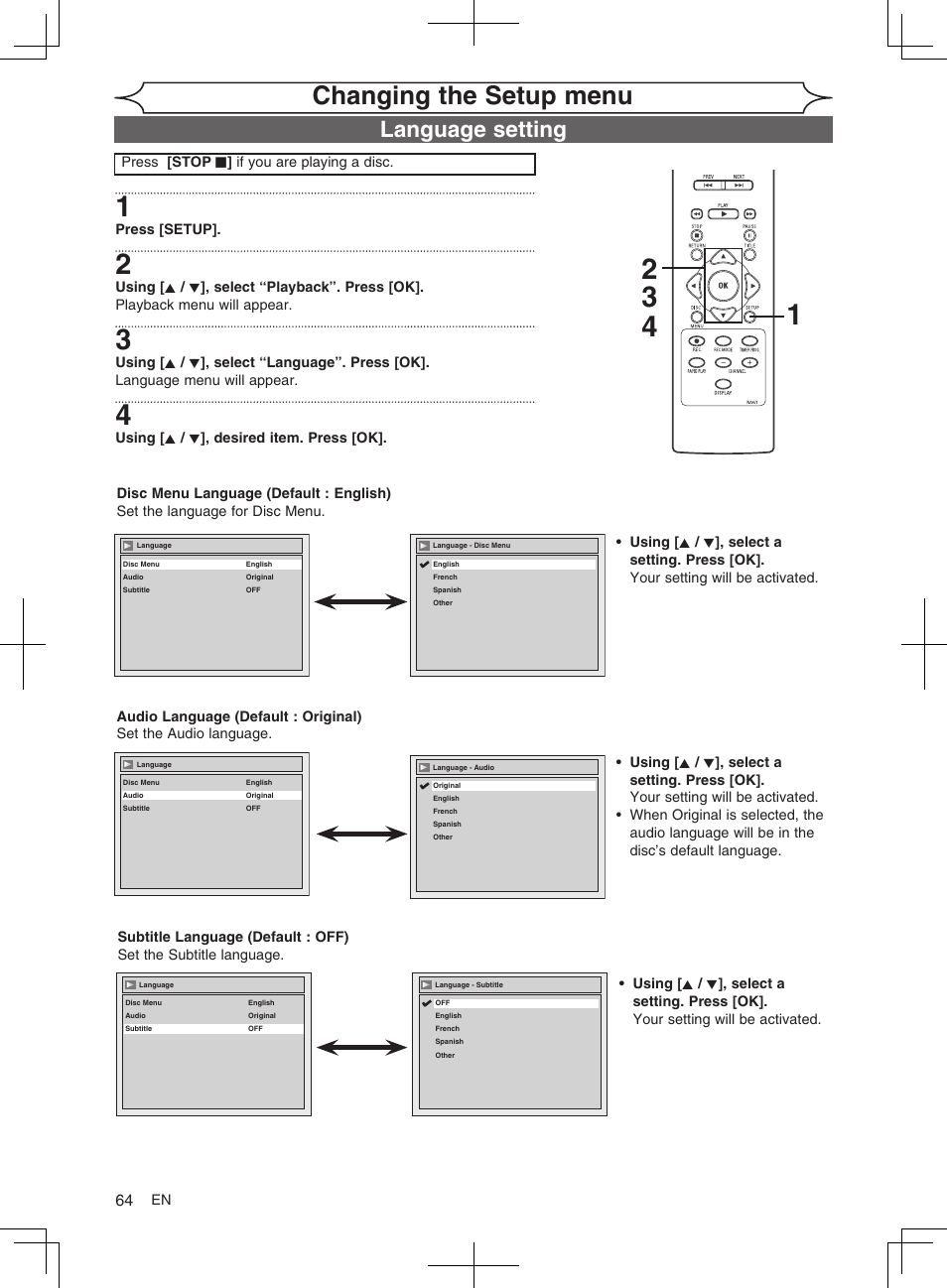 Changing the setup menu, Language setting | FUNAI MWR10D6 User Manual | Page 66 / 82