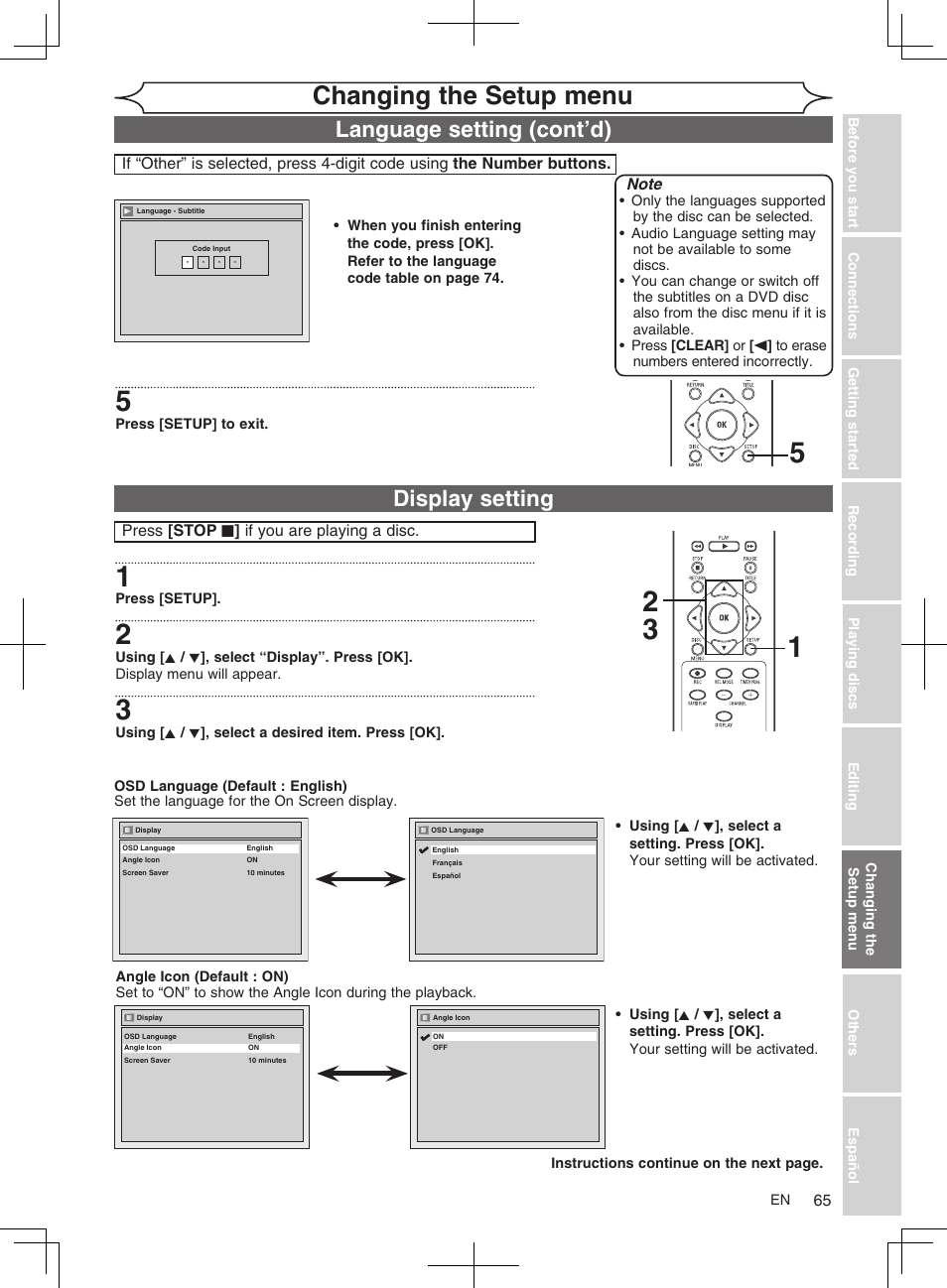 Changing the setup menu, Display setting, Language setting (cont’d) | FUNAI MWR10D6 User Manual | Page 67 / 82