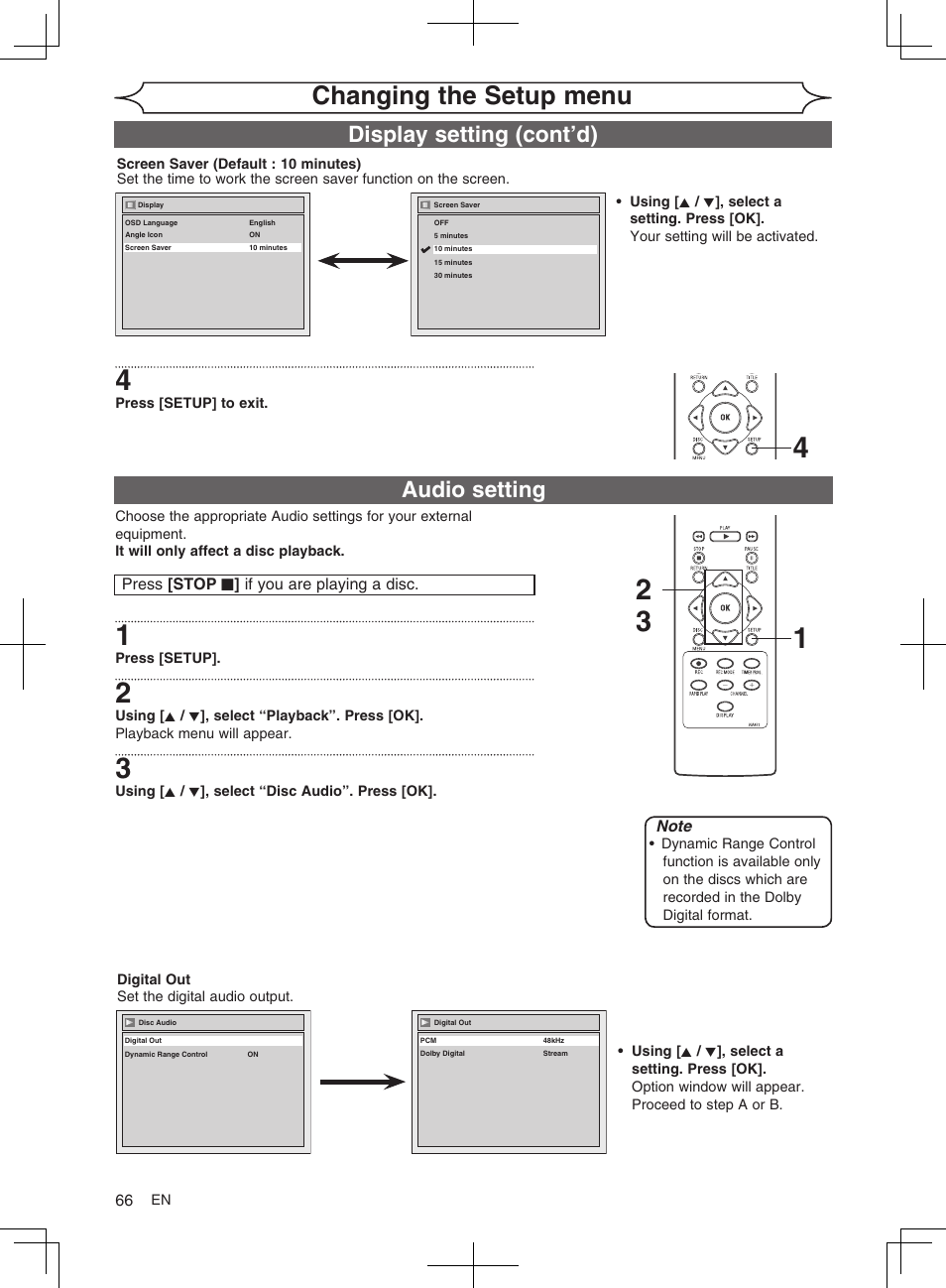 Changing the setup menu, Audio setting display setting (cont’d) | FUNAI MWR10D6 User Manual | Page 68 / 82