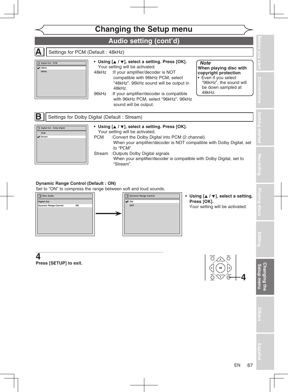 Changing the setup menu, Audio setting (cont’d) | FUNAI MWR10D6 User Manual | Page 69 / 82