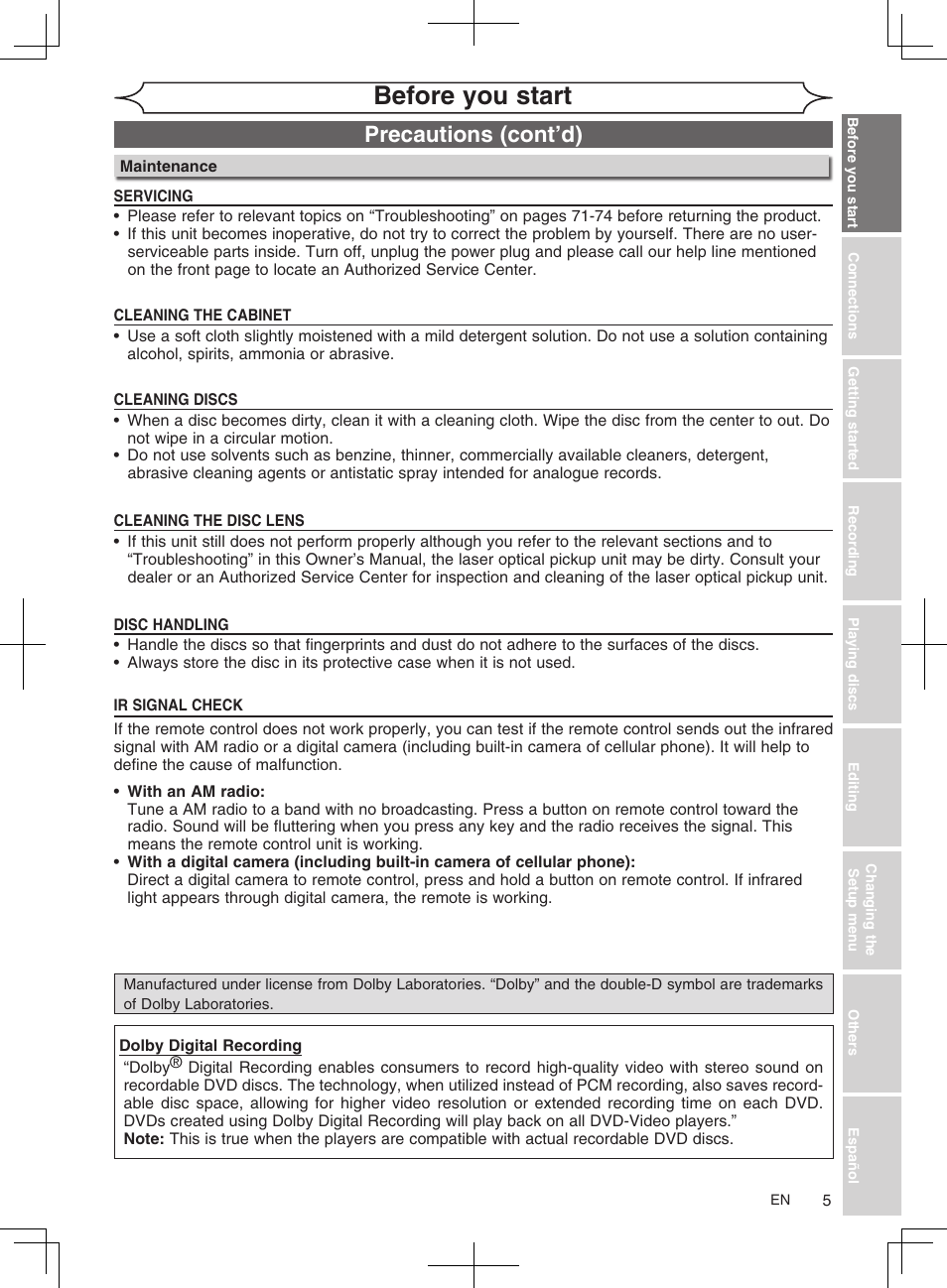 Before you start, Precautions (cont’d) | FUNAI MWR10D6 User Manual | Page 7 / 82