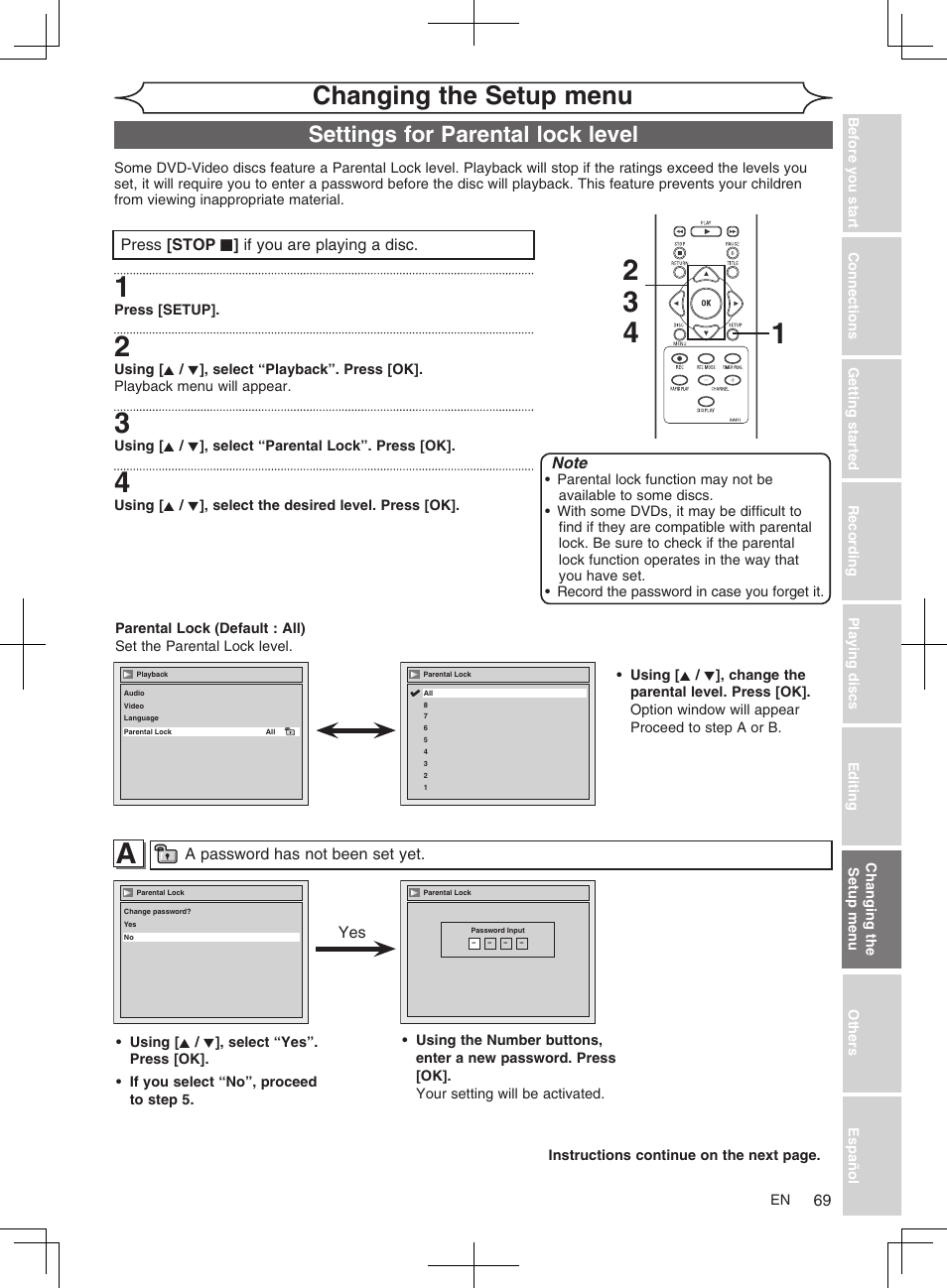 Changing the setup menu, Settings for parental lock level | FUNAI MWR10D6 User Manual | Page 71 / 82
