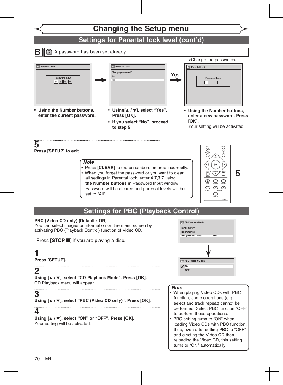 Changing the setup menu, Settings for parental lock level (cont’d), Settings for pbc (playback control) | FUNAI MWR10D6 User Manual | Page 72 / 82