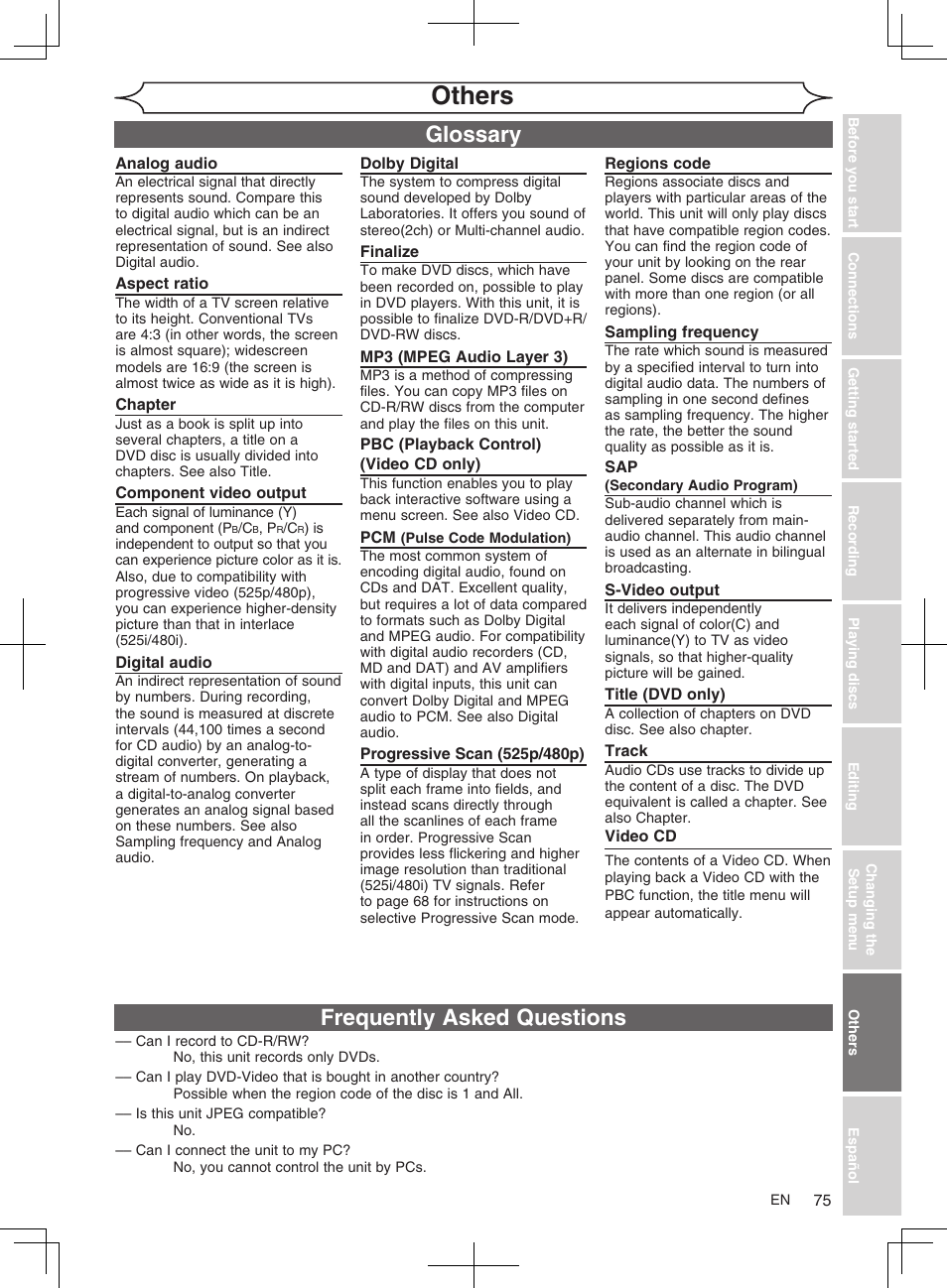 Others, Frequently asked questions, Glossary | FUNAI MWR10D6 User Manual | Page 77 / 82