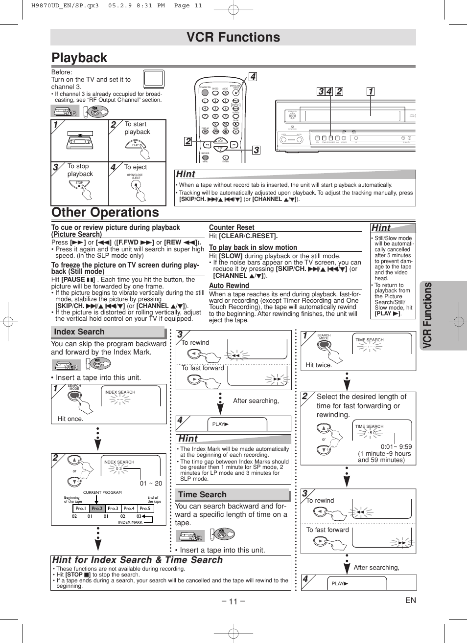 Playback, Other operations, Vcr functions | Hint, Hint f, Index search, Time search | FUNAI MSD805 User Manual | Page 11 / 28