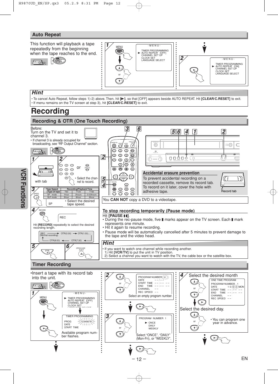 Recording, Vcr functions, Hint | Recording & otr (one touch recording), Auto repeat, Timer recording, Accidental erasure prevention, Select the desired month select the desired day | FUNAI MSD805 User Manual | Page 12 / 28