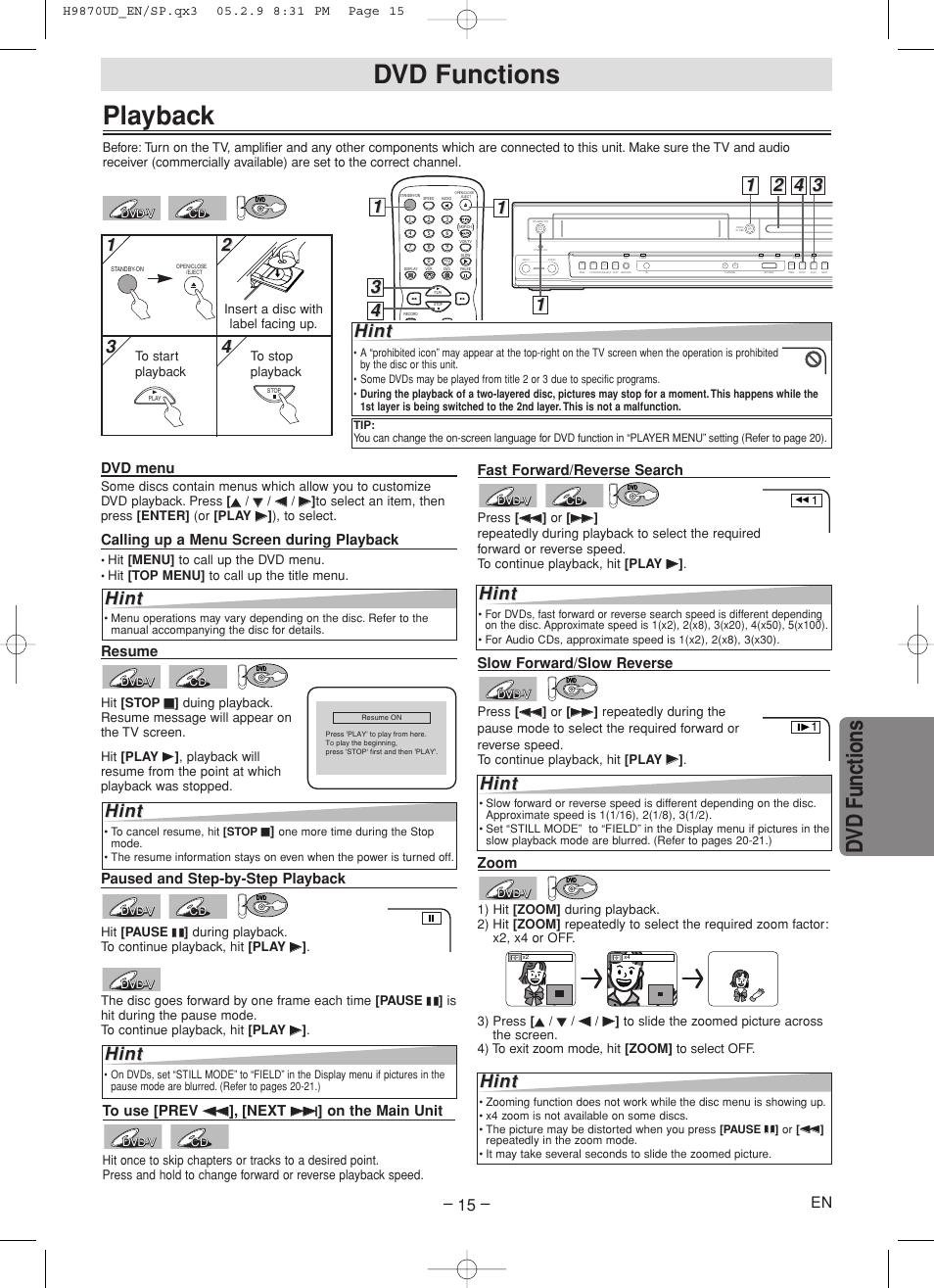 Playback, Dvd functions, Hint | Paused and step-by-step playback, Fast forward/reverse search, Dvd menu, Calling up a menu screen during playback, Resume, Zoom, Slow forward/slow reverse | FUNAI MSD805 User Manual | Page 15 / 28