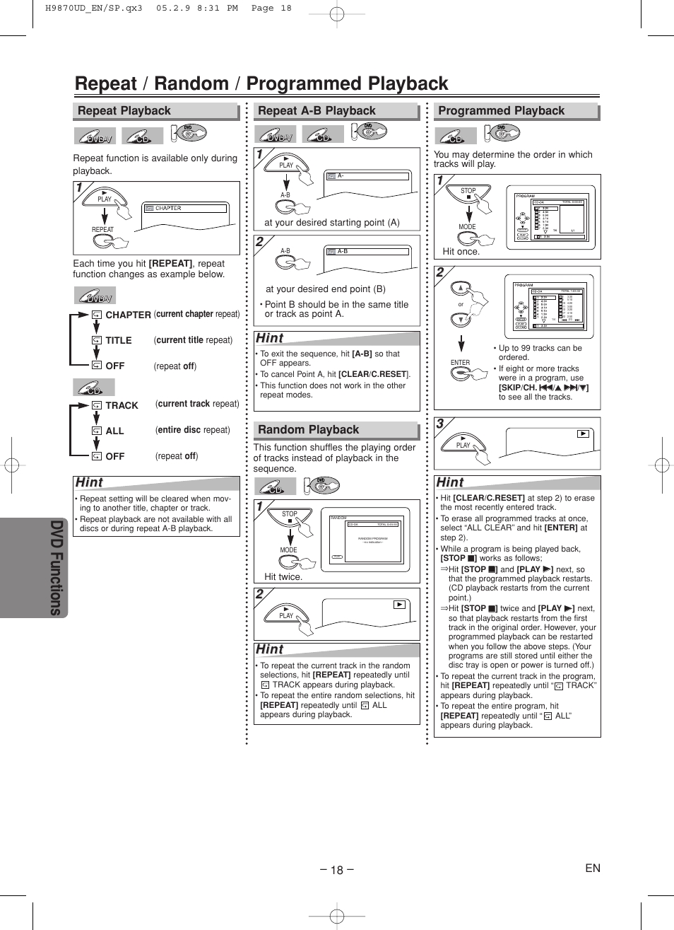 Repeat / random / programmed playback, Dvd functions, Hint | Random playback | FUNAI MSD805 User Manual | Page 18 / 28