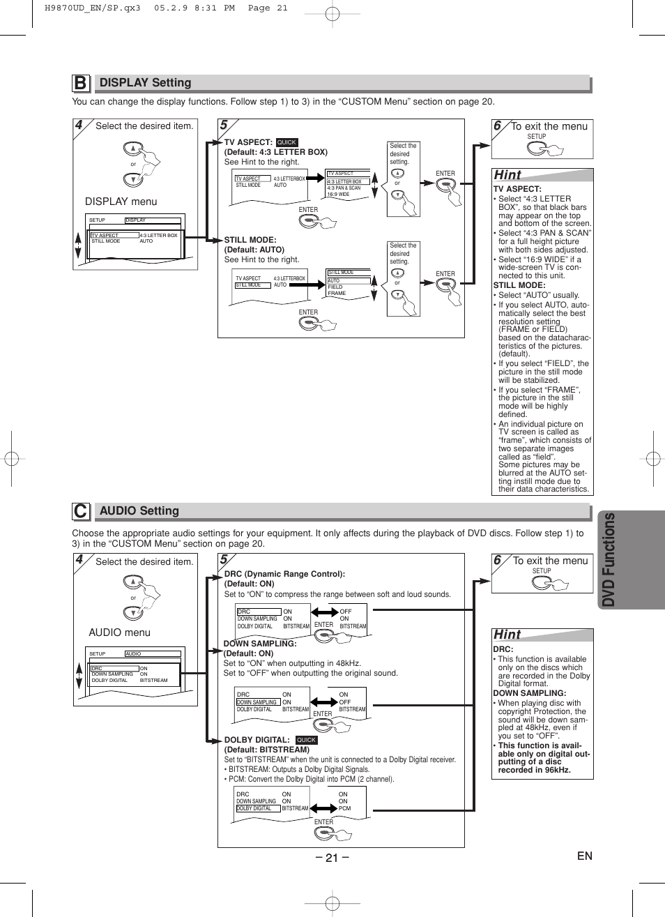 Dvd functions, 5hint hint, Hint | Display setting, Audio setting, Display menu, Audio menu | FUNAI MSD805 User Manual | Page 21 / 28