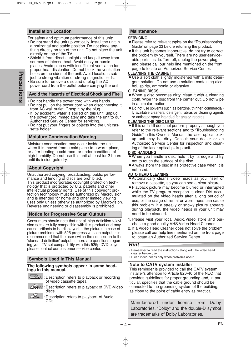 Precautions | FUNAI MSD805 User Manual | Page 4 / 28
