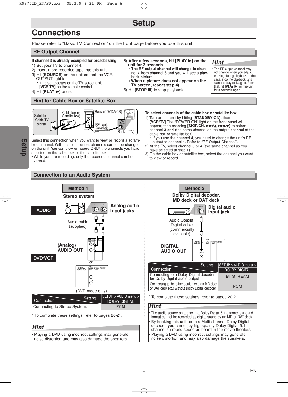 Connections, Setup, Hint | Hint for cable box or satellite box, Connection to an audio system, Rf output channel, Stereo system, Dolby digital decoder, md deck or dat deck | FUNAI MSD805 User Manual | Page 6 / 28