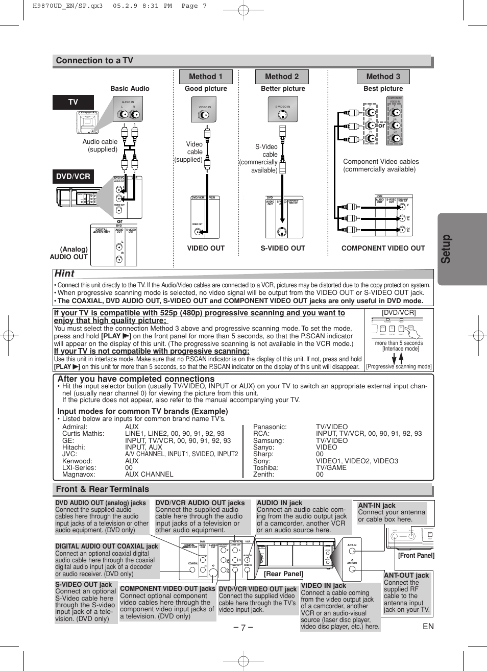 Setup, Hint, Connection to a tv – 7 | After you have completed connections, Front & rear terminals, Tv method 1, Method 2 method 3, Dvd/vcr, Input modes for common tv brands (example), Component video out | FUNAI MSD805 User Manual | Page 7 / 28