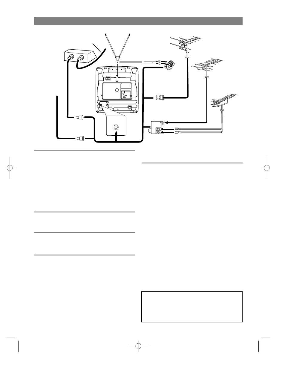 Conexiones de antena/cable, Conexion de la antena bipolar, Antena combinada de vhf/uhf | Antenas separadas de vhf/uhf, Cable sin convertidor/descodifi- cador | FUNAI F3809C User Manual | Page 29 / 32