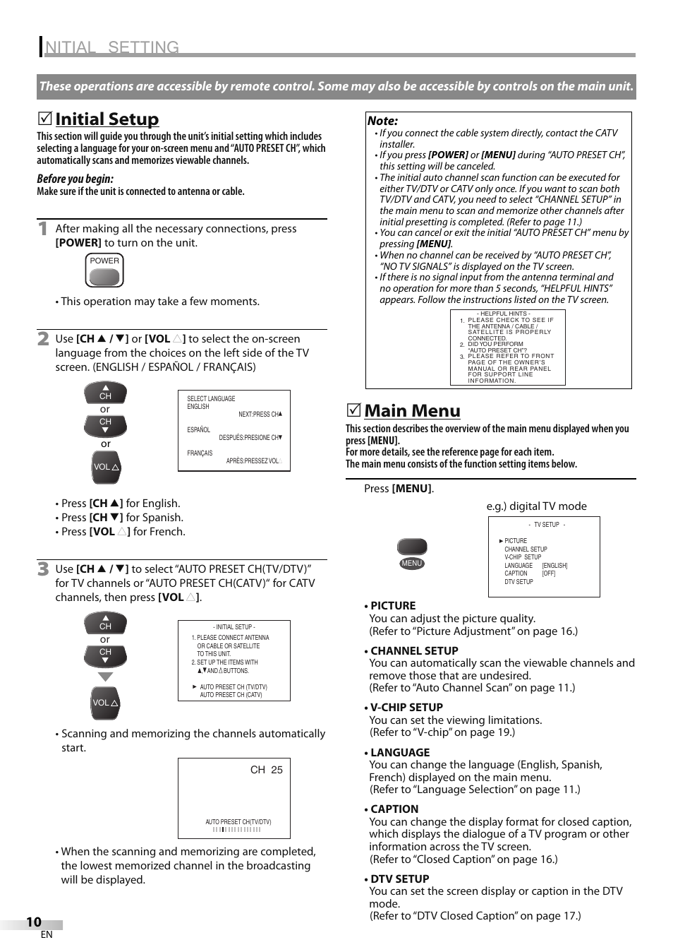 Nitial setting, Initial setup, Main menu | FUNAI Durabrand CR130DR8 User Manual | Page 10 / 52