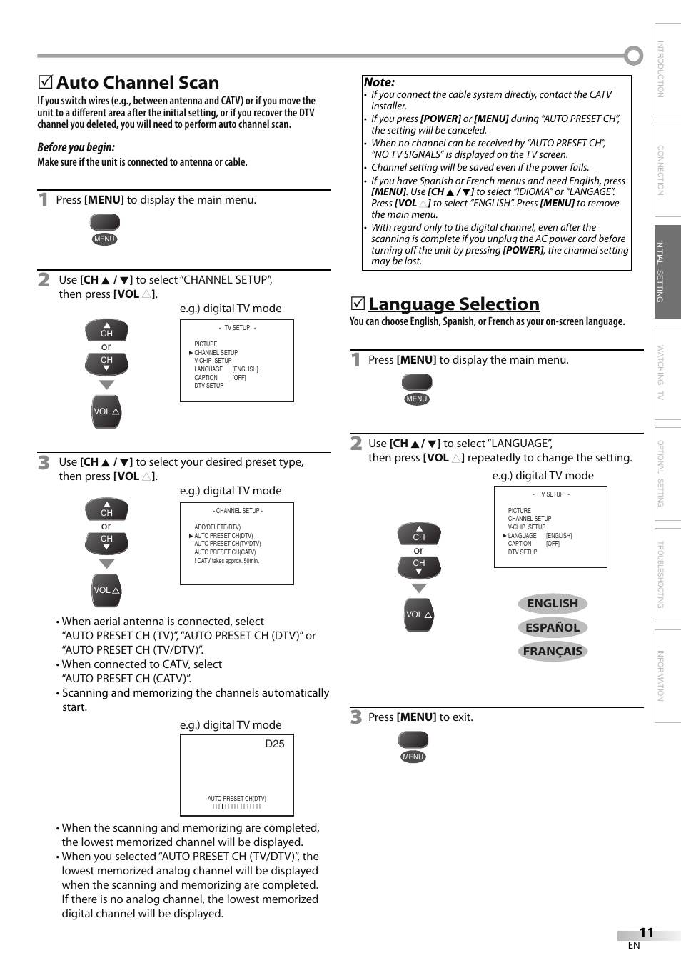 Auto channel scan, Language selection | FUNAI Durabrand CR130DR8 User Manual | Page 11 / 52