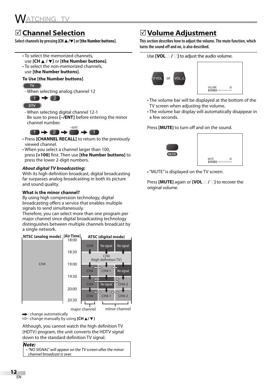 Atching tv, Channel selection, 5volume adjustment | FUNAI Durabrand CR130DR8 User Manual | Page 12 / 52