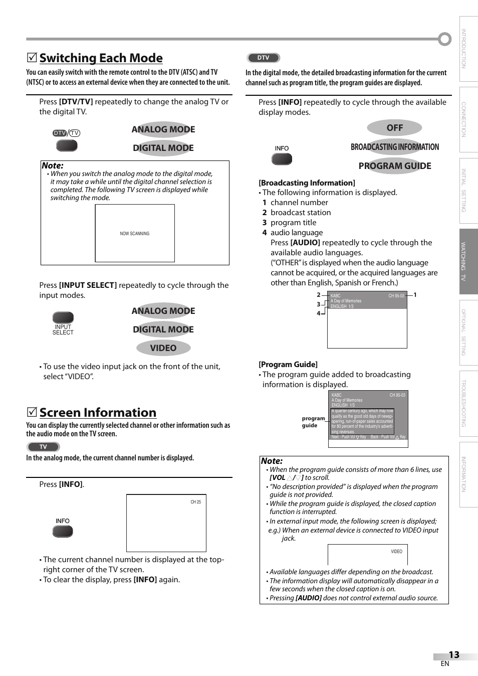 Switching each mode, Screen information | FUNAI Durabrand CR130DR8 User Manual | Page 13 / 52