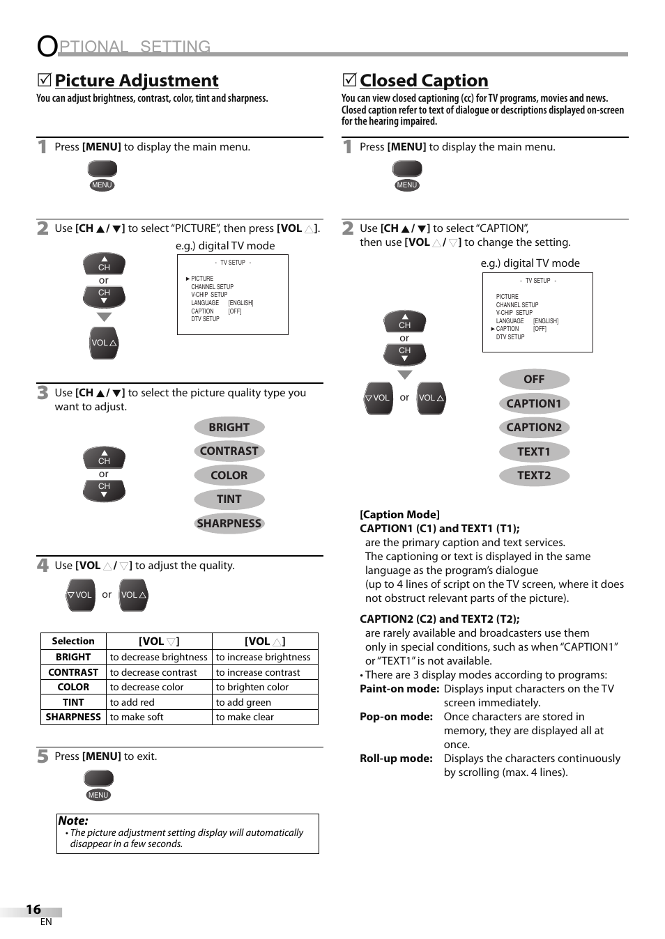 Ptional setting, Picture adjustment, 5closed caption | FUNAI Durabrand CR130DR8 User Manual | Page 16 / 52